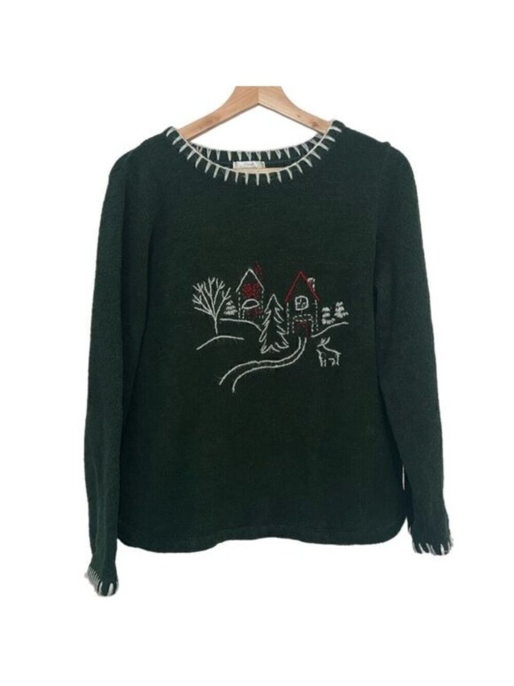 Christopher & Banks Hunter Green Hand Embroidered Winter Theme Pullover Size XL